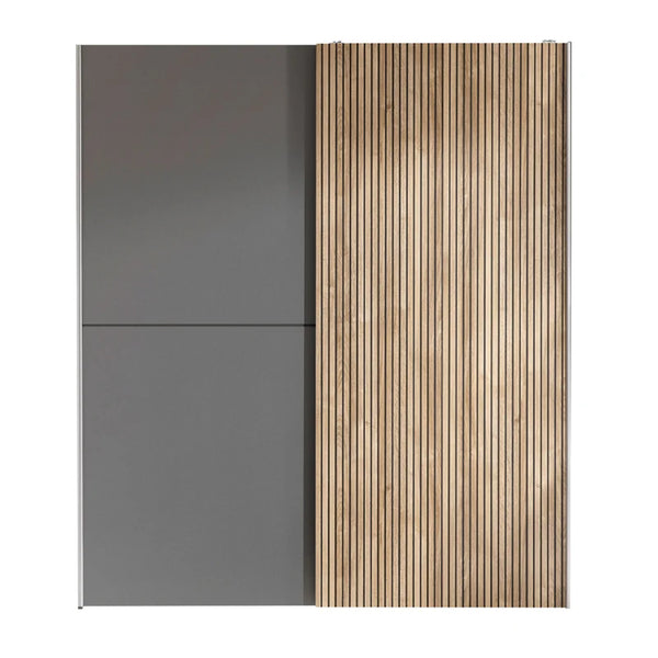 Two-tone wardrobe with gray and wooden slat design on a white background