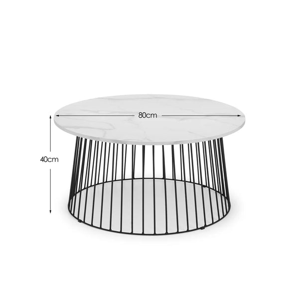 Round coffee table with white top and black metal base, dimensions indicated.