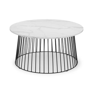 Round coffee table with white marble top and black metal base on a white background