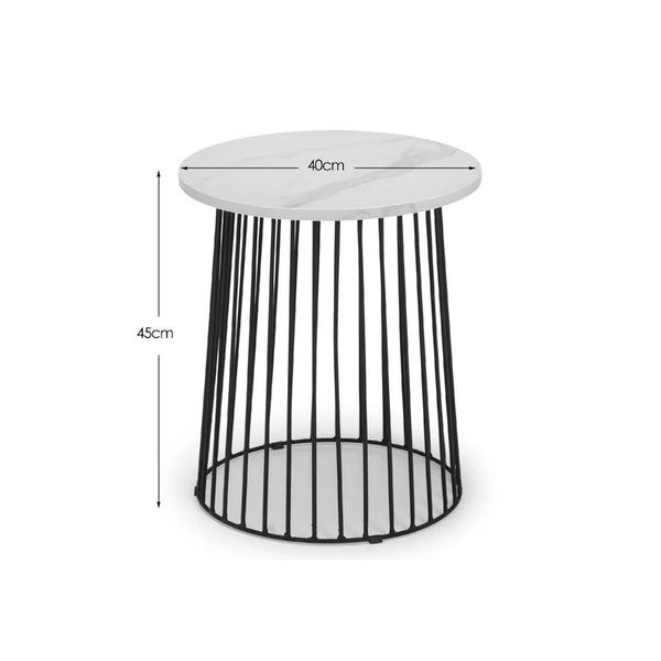 Black wire side table with dimensions on a white background