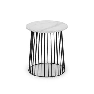 Side table with white marble top and black metal base on a white background