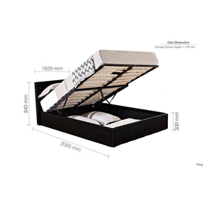 Bed with storage space showing dimensions on a white background
