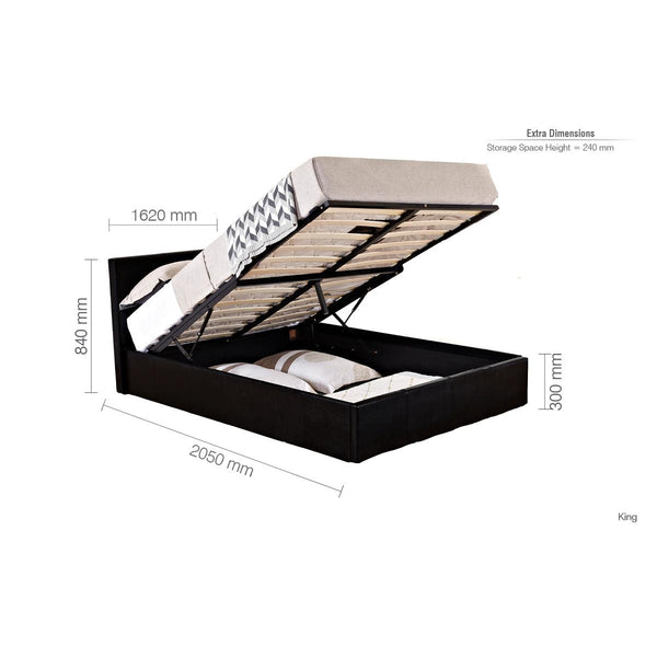 Bed with storage space showing dimensions on a white background