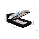 Bed with open storage compartment showing dimensions on a white background