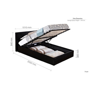 Bed with open storage compartment showing dimensions on a white background