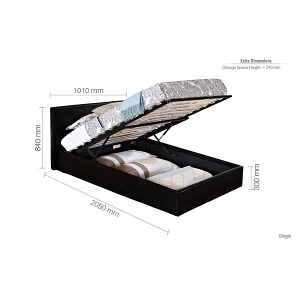Bed with open storage compartment showing dimensions on a white background