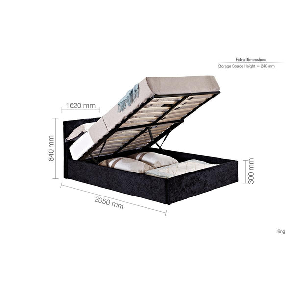 Bed frame with mattress showing dimensions on a white background
