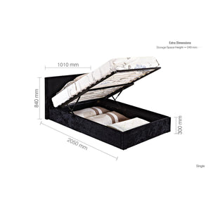 Black bed frame with open storage compartment showing mattress dimensions on a white background