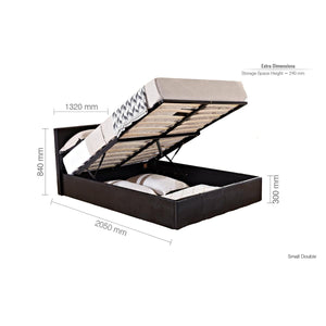 Bed with open storage compartment showing dimensions on a white background