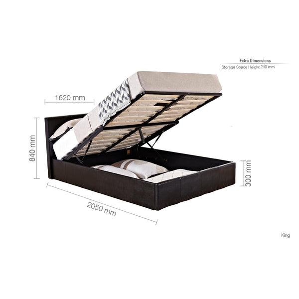 Bed frame with open storage compartment showing dimensions on a white background