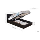 Bed with open storage compartment showing dimensions on a white background