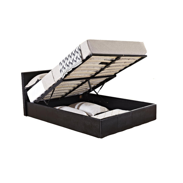 Black bed frame with open storage compartment on a white background