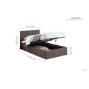 Grey upholstered bed with storage compartment and dimensions labeled on a white background