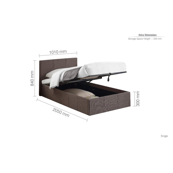 Grey upholstered bed with storage compartment and dimensions labeled on a white background