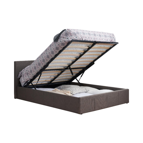 Grey upholstered bed with open storage compartment on a white background