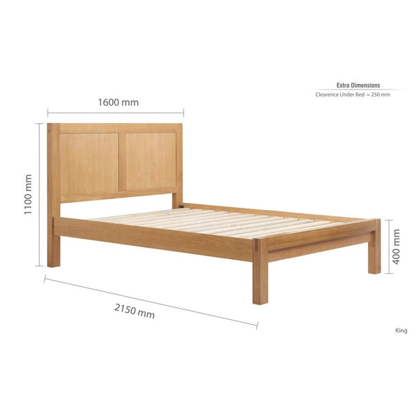 Wooden bed frame with dimensions on a white background