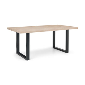 Table with wooden top and black metal legs on a white background