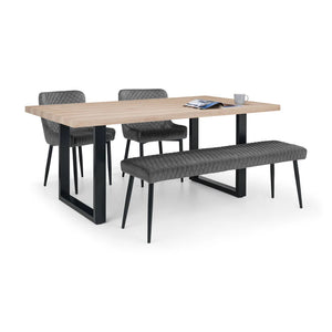 Dining table set with chairs and a bench on a white background