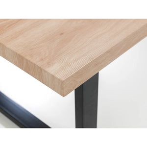 Wooden table top with a white and black metal frame on a white background