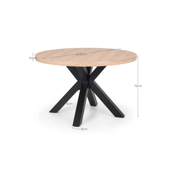 Round wooden table with black metal legs and dimensions on a white background