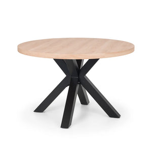Round wooden table with black metal legs on a white background