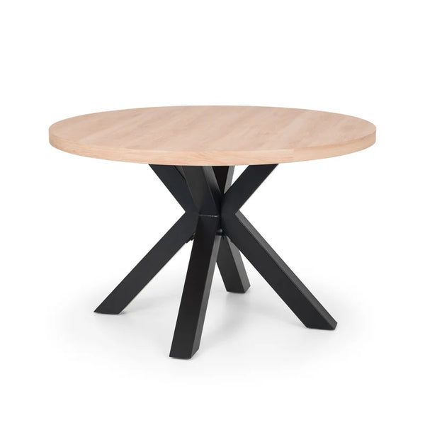 Round wooden table with black metal legs on a white background