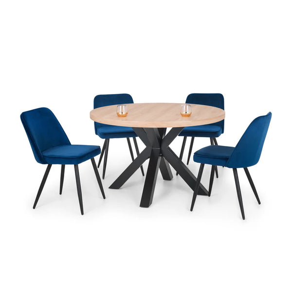 Round wooden table with four blue chairs on a white background