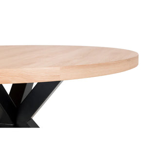 Wooden table with black metal legs on a white background