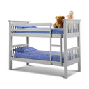 White bunk bed with blue bedding and toys on a white background