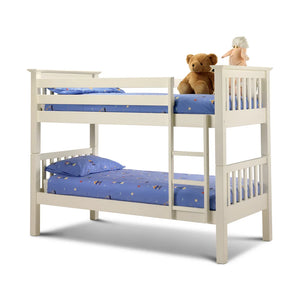 White bunk bed with blue bedding and toys on a white background