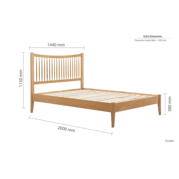 Wooden bed with dimensions labeled on a white background