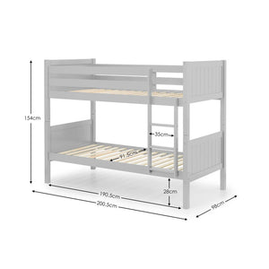 Gray bunk bed with dimensions marked on a white background