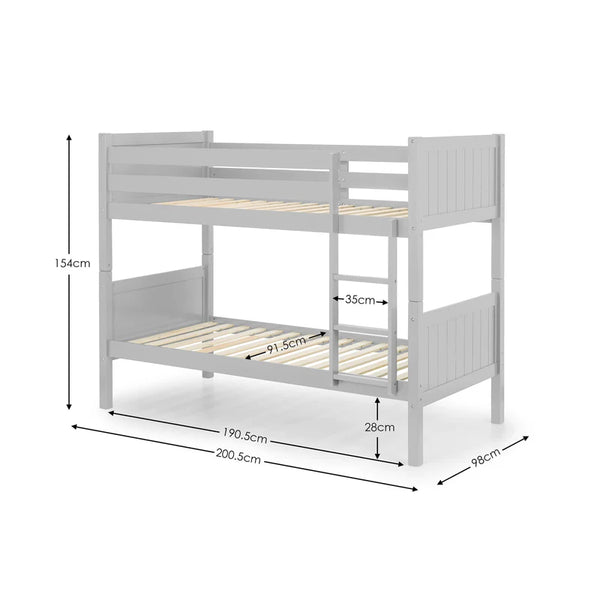 Gray bunk bed with dimensions marked on a white background