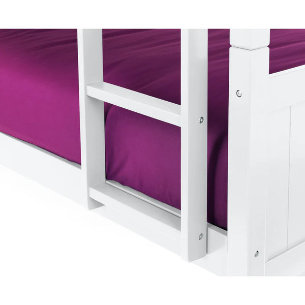 White bunk bed with purple mattress on a white background