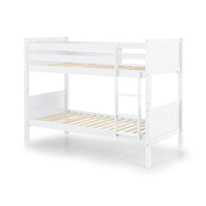 White bunk bed with wooden slats on a white background