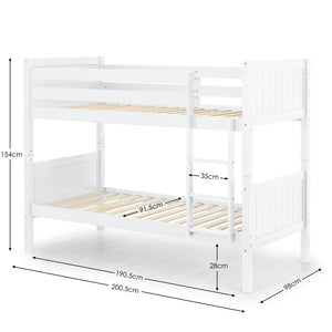 White bunk bed with dimensions marked on a white background