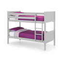 Grey bunk bed with purple bedding on a white background