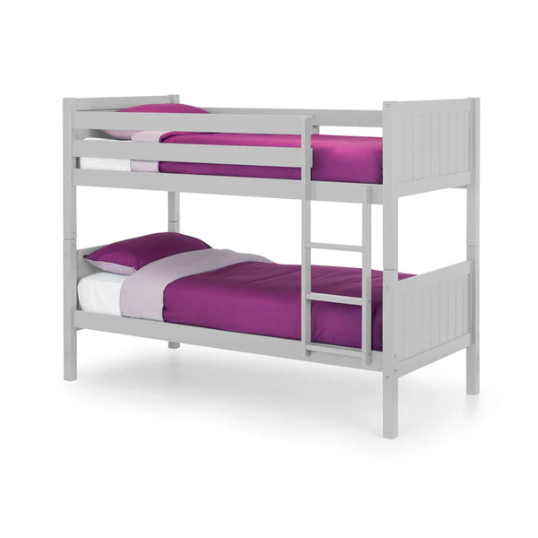 Grey bunk bed with purple bedding on a white background