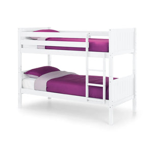 White bunk bed with purple bedding on a white background