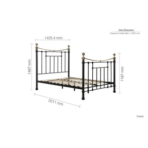 Dimensions of a metal bed frame on a white background