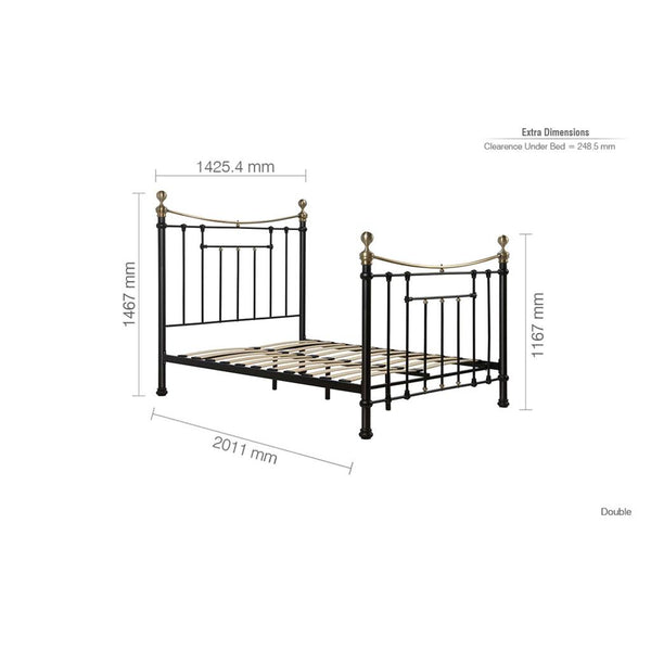 Dimensions of a metal bed frame on a white background