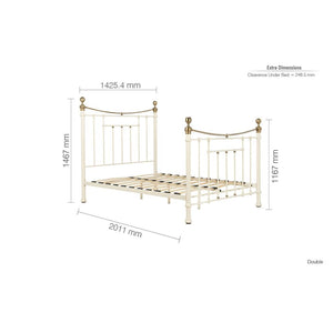 Dimensions of a metal bed frame on a white background