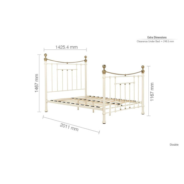 Dimensions of a metal bed frame on a white background