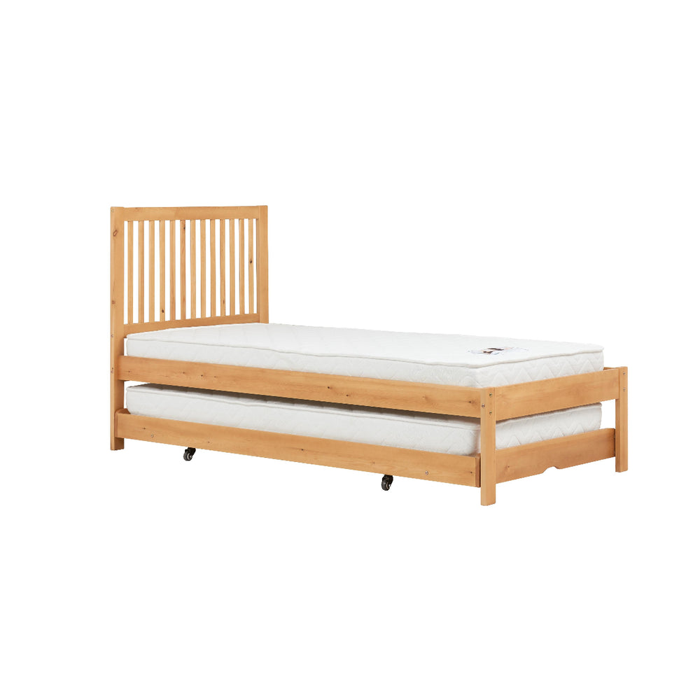 Wooden bed frame with mattress on a white background