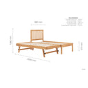 Wooden bed frame with dimensions labeled on a white background