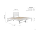 White bed frame with dimensions on a white background
