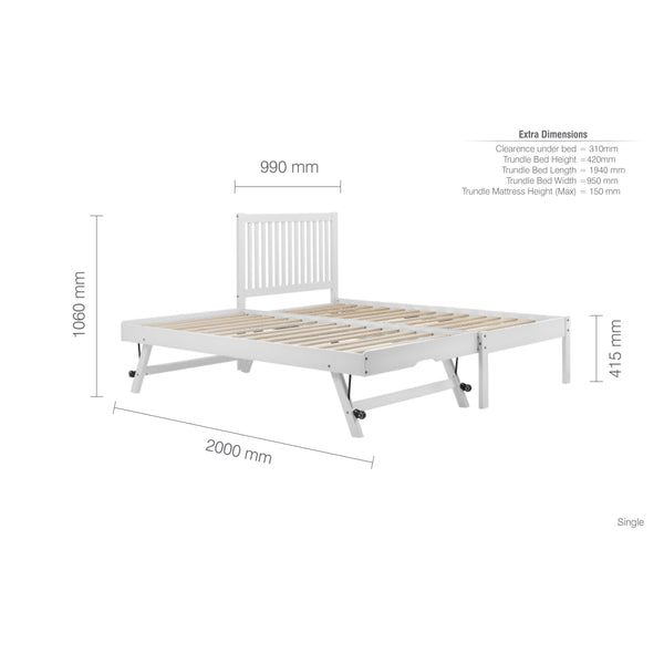 White bed frame with dimensions on a white background