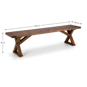 Wooden BENCH with X-shaped legs on a white background with measurements on a white background