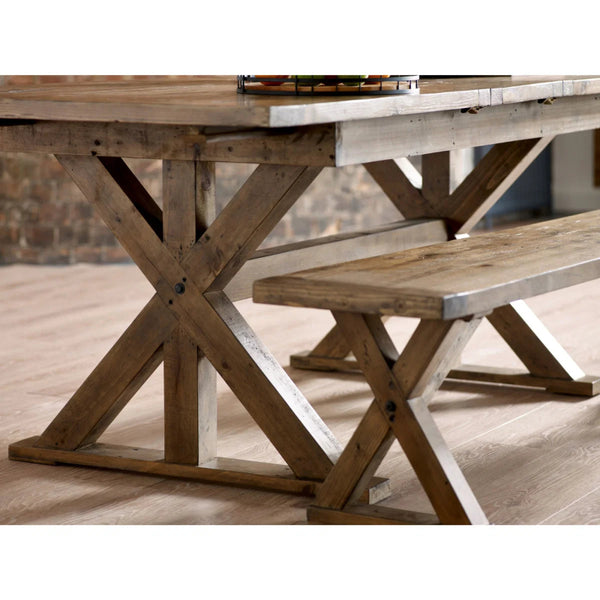 Wooden BENCH with X-shaped legs and matching bench on a wooden floor.