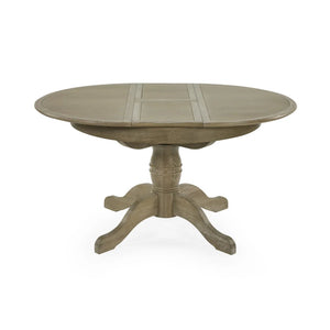 Round wooden table with pedestal base on a white background